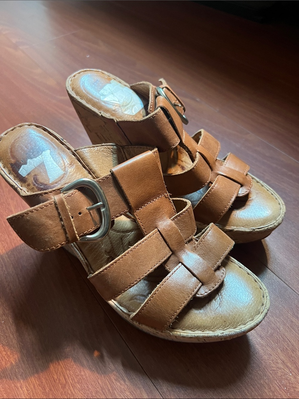 Born Tan Leather cork Wedge Mules with Buckle Detail size 8
